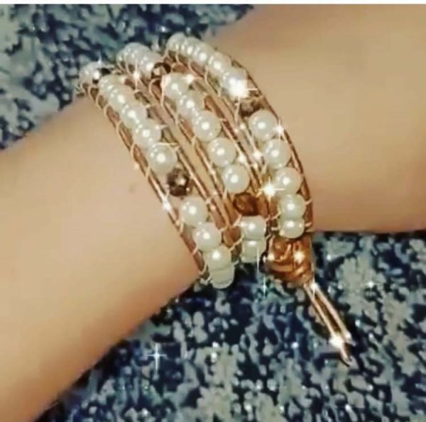 Βραχιόλι Χειροποίητο Leather Wrap Τρίπλο με Πέρλες και Κρύσταλλα