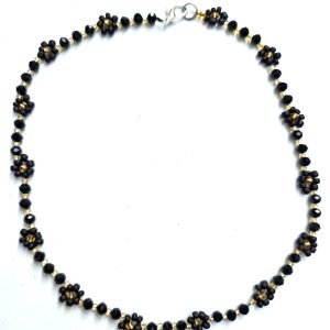 Χειροποιήτο Κολιέ Τσόκερ με Γυάλινες Χάντρες Λουλούδια - Μάυρο-Ασημί