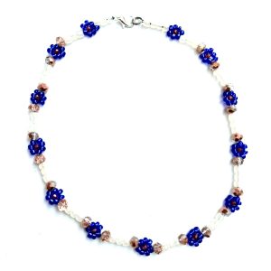 Χειροποιήτο Κολιέ Τσόκερ με Γυάλινες Χάντρες Λουλούδια - Μπλέ-Λευκό
