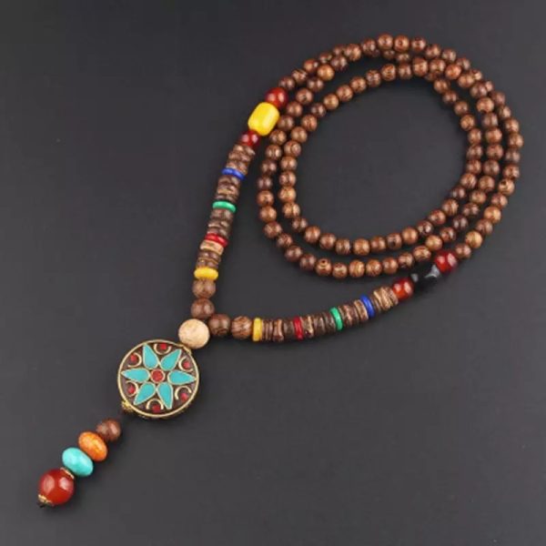 Ενεργειακό Κολιέ Boho, με Ξύλινες Χάντρες Mala, Ημιπολύτιμους Λίθους και Κρύσταλλα