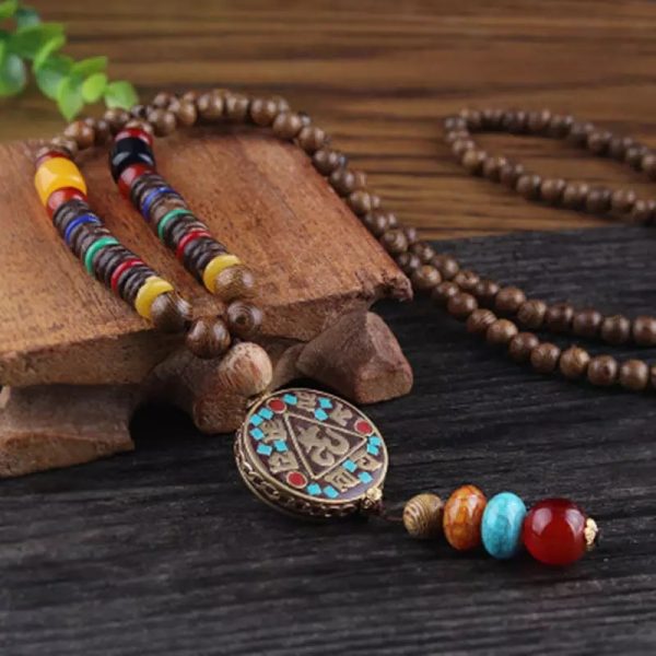 Ενεργειακό Κολιέ Boho, με Ξύλινες Χάντρες Mala, Ημιπολύτιμους Λίθους και Κρύσταλλα